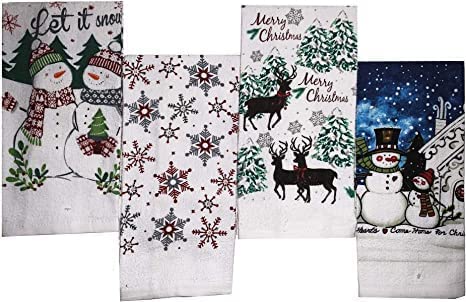 Set of 4, Christmas Holiday Print Velour Terry Kitchen Towels Size : 15" x 25" - 4 Assorted Design - Design May Very.