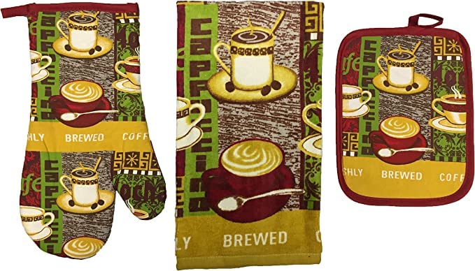 Coffee Design Printed Kitchen Linen Set of 3, Includes Kitchen Towels, Potholder, Oven mitt Kitchen Décor for Cooking, Baking, Barbecue