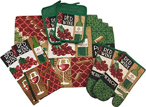 Set of 8, Red Wine Design Tapestry Kitchen Towel Set, Include 4 Placemats, 2 Kitchen Towels, Potholder & Oven mitt.