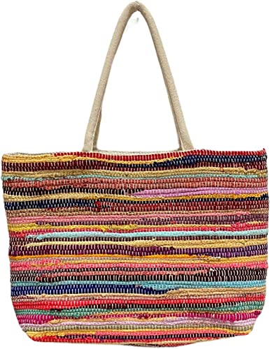 Multicolor Chindi Stripe Extra Large Size Cotton handmade Tote Bag with Padded Hands Reusable, Eco-friendly Great for Travel, Beach, Grocery and more…