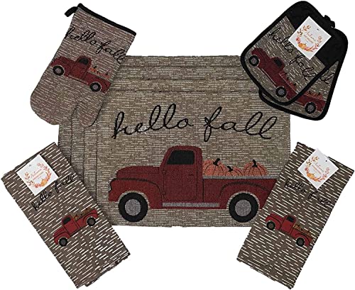 Set of 10, Red Truck with Pumpkin Fall Design Sentiment Hello Fall Tapestry Kitchen Towel Set, Include 4 Placemats, 2 Kitchen Towels, 2 Pot Holder & 2 Oven mitt.