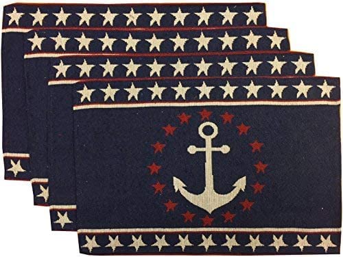 Set of 4, Coastal Nautical Beach Theme Anchor Star Design Tapestry Placemats for Kitchen Dining Table Mats, Easy to Clean, Machine Washable. Size: 13" x 19".