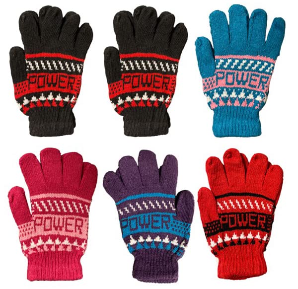 6 Pack 100% Acrylic Knitted Cold Winter Graphic Power Gloves Keep Warm for Men and Women Multi Color.