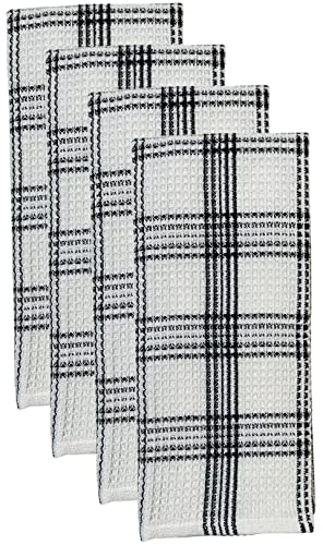 Set of 4, 100% Cotton Waffle Weave Kitchen Dish Towels with Hanging Loop Super Soft, Highly Absorbent Size: 15 x 25 inch - Black