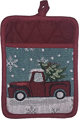 Set of 10, Red Vintage Truck with Christmas Tree and Snowflakes Design Christmas/Holiday Season Kitchen Towel Set, 4 Placemats, 2 Kitchen Towels, 2 Oven Mitts, 2 Pot Holders.