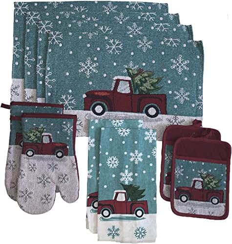 Set of 10, Red Vintage Truck with Christmas Tree and Snowflakes Design Christmas/Holiday Season Kitchen Towel Set, 4 Placemats, 2 Kitchen Towels, 2 Oven Mitts, 2 Pot Holders.