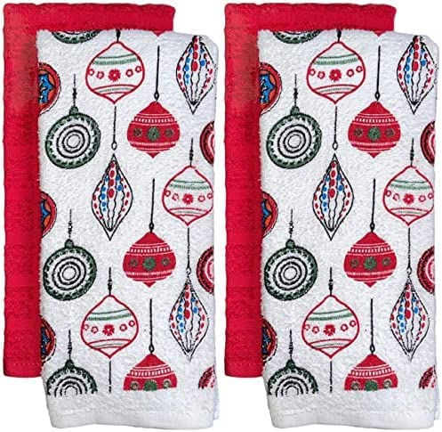 Set of 4, 100% Cotton 2 Pcs Jingle Bells Design Christmas Kitchen Towels and 2 Pcs Solid Red Terry Towels, Soft and Absorbent Size: 16” x 26".