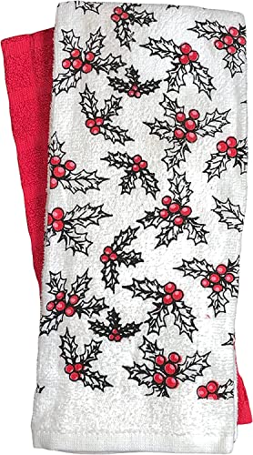 Set of 4, 100% Cotton 2 Pcs Holly Leaves with Berries Design Christmas Kitchen Towels and 2 Pcs Solid Red Terry Towels, Soft and Absorbent Size: 16” x 26".