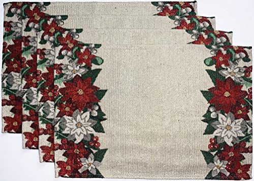 Set of 4, Red and White Poinsettia Flower Design Christmas Tapestry Placemats for Holiday Season, Home Decoration Kitchen Dining Table, Perfect for Party or Gifts. Easy to Clean Size: 13" x 19".