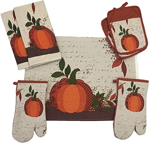 Set of 10, Pumpkin Fall Design Tapestry Kitchen Towel Set, Include 4 Placemats,