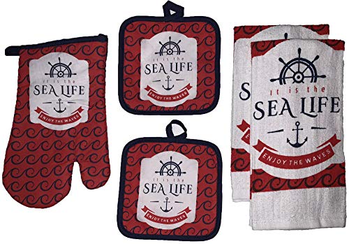 Set of 5, Nautical Coastal Anchor Wheel Design with It is The sea Life Enjoy The Waves Kitchen Towel Set Includes 2 Kitchen Towel, 2 Pot Holder, 1 Oven Mitt.