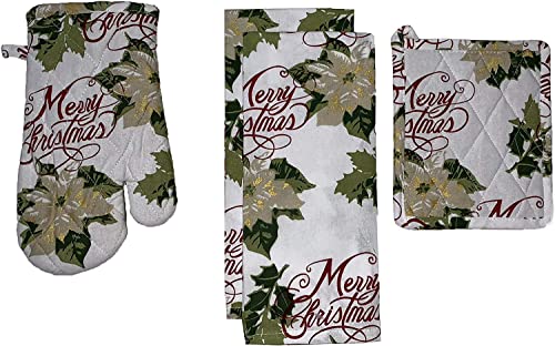 Set of 4, White Poinsettia Sentiment Merry Christmas Holiday Season 100% Cotton