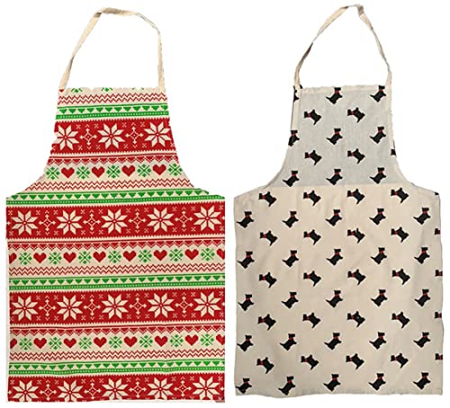 2 Pack, 100% Cotton Christmas Holiday Kitchen Apron with Dog Lovers and Snowflakes, Heart Design for Dress Size: 4-6. Machine Washable Size: 19 x 30 inch.