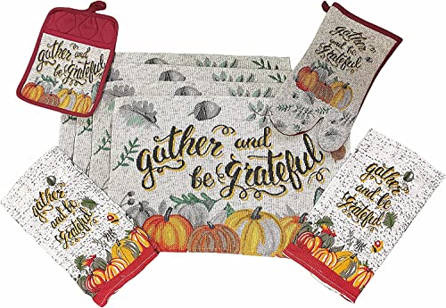 Set of 8, Gather and be Grateful with Pumpkin, Leaf Tapestry Kitchen Towel Set Includes 4 Placemat, 2 Kitchen Towels, 1 Pot Holder, 1 Oven Mitt.