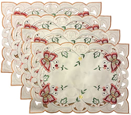 Set of 4, Red Butterfly on Beige Base Embroidered and Cut Work Placemat for Kitchen Dining Table Size: 14 inch x 20 inch.