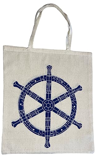 100% Cotton Nautical Design Natural Canvas Tote Bags Size: 14 x16 inch. Set of 3, Wheels, Anchor and ship Double side Same Print, Tote bags, Reusable for Grocery Shopping Bags Machine Washable