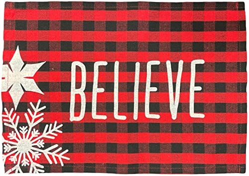 Set of 4, Christmas Red and Black Buffalo Plaid with Believe with Snowflakes Tapestry Placemat for Holiday Season, Home Decoration Kitchen Dining Table Easy to Clean Size: 13" x 19".