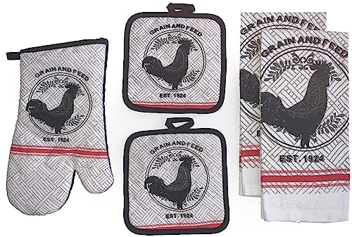 Set of 5, Black Rooster Printed Decorative Kitchen Towel Set Includes 2 Kitchen Towel, 2 Pot Holder, 1 Oven Mitt.