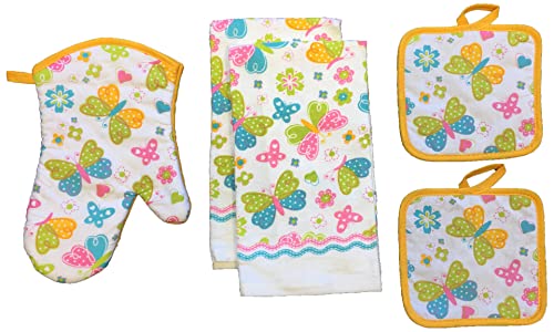 Summer Collection Butterfly Design 100% Cotton Printed Kitchen Linen Set of 5, includes 2 Kitchen Towels, 2 Potholder & Oven mitt Kitchen Décor for Cooking, Baking, Barbecue