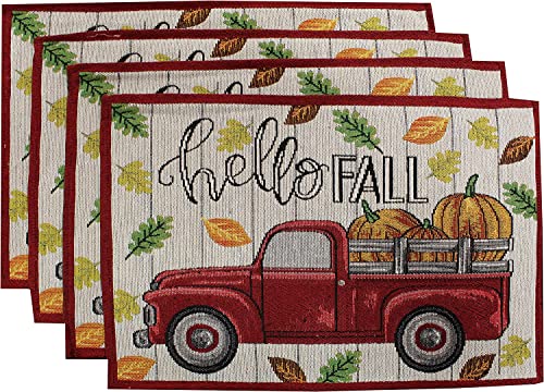 Set of 8, Red Antique Truck and Pumpkin Quote Hello Fall Design Tapestry Kitchen Towel Set, Include 4 Placemats, 2 Kitchen Towels, Potholder & Oven mitt.