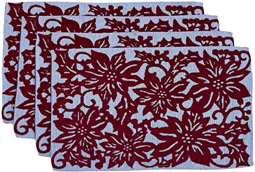 Set of 4, Chenille Textured Red Poinsettia Flower Design Christmas Tapestry Placemats for Holiday Season, Kitchen Dining Table, Easy to Clean Size: 13" x 19".