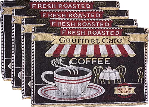 Set of 4, Cafe Printed Tapestry Placemats with Sentiment Fresh Roasted Gourmet C