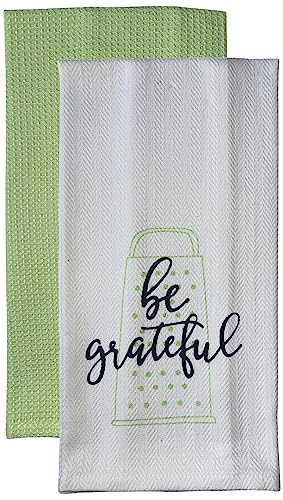 Set of 2, 100% Cotton White Herringbone Funny Kitchen Towels be Grateful and Plain Lime Green Kitchen Towels Size: 16 X 28 Inch.