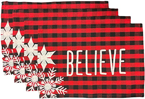 Set of 4, Christmas Red and Black Buffalo Plaid with Believe with Snowflakes Tapestry Placemat for Holiday Season, Home Decoration Kitchen Dining Table Easy to Clean Size: 13" x 19".