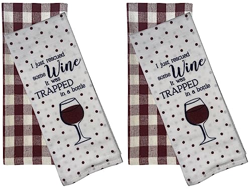 Set of 4, I just Rescued Some Wine, it was trapped in a Bottle, White and Burgundy Buffalo Plaid Kitchen Towels, Super Soft and Absorbent Size: 15 X 25 inch.