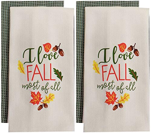 Set of 4, 100% Cotton Off White Sentiment i Love Fall Most of All and Two Tone Waffle Wave Checks Fall/Halloween Festival Flour Sack Tea Towel/Kitchen Towel Size: 16” x 28".