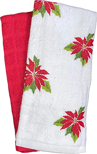 Set of 4, 100% Cotton 2 Pcs Poinsettia Flower Design Christmas Kitchen Towels and 2 Pcs Solid Red Terry Towels, Soft and Absorbent Size: 16” x 26".