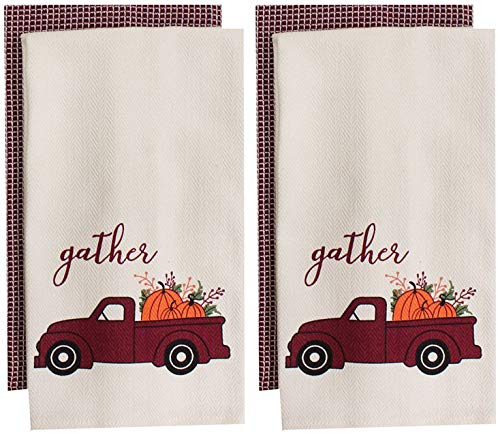 Set of 4, 100% Cotton Off White Vintage Truck with Pumpkin Sentiment Gather and Two Tone Waffle Wave Checks Fall/Halloween Festival Flour Sack Tea Towel/Kitchen Towel Size: 16” x 28".