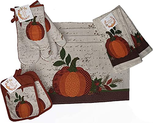 Set of 10, Pumpkin Fall Design Tapestry Kitchen Towel Set, Include 4 Placemats,