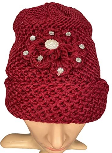 2 Pcs, Womens Wool Knitted Crochet Slouchy Beanie Hat with Flower for Cold Weather Protection.