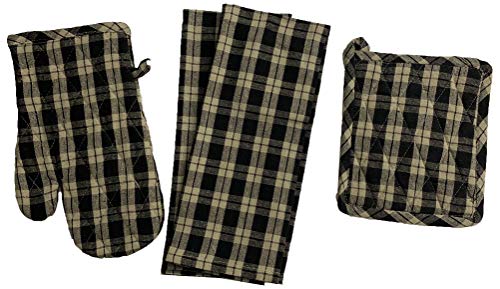 Set of 4, 100% Cotton Farmhouse Country Kitchen Linen Set, Included 2 Kitchen Towel, Ovenmitt, Potholder - Black.