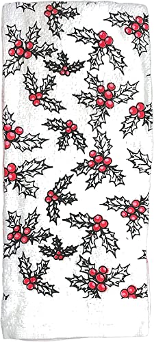 Set of 4, 100% Cotton 2 Pcs Holly Leaves with Berries Design Christmas Kitchen Towels and 2 Pcs Solid Red Terry Towels, Soft and Absorbent Size: 16” x 26".