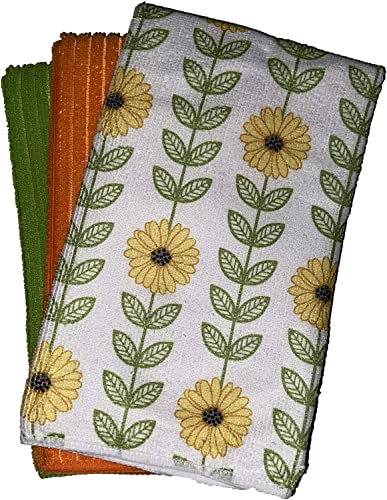 Set of 6, Sunflower Design Microfiber Kitchen Towels / Bar Mop, Ultra-Absorbent