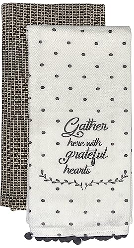 Set of 2, 100% Cotton White Herringbone Pom Poms Funny Kitchen Towels Saying, Gather here with Grateful Hearts and Grey Dyed Waffle Weave Kitchen Towels/Dish Towels Size: 16 X 28 Inch.