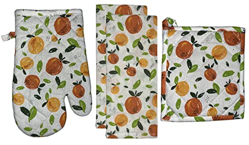 Set of 4, 100% Cotton Orange and Peach Design Kitchen Towel Set, Include 2 Kitch