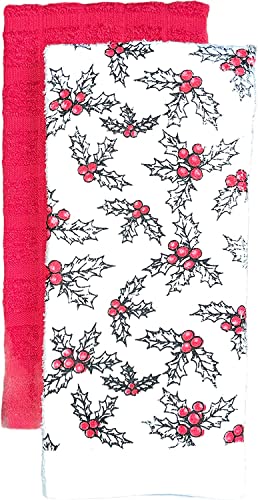 Set of 4, 100% Cotton 2 Pcs Holly Leaves with Berries Design Christmas Kitchen Towels and 2 Pcs Solid Red Terry Towels, Soft and Absorbent Size: 16” x 26".