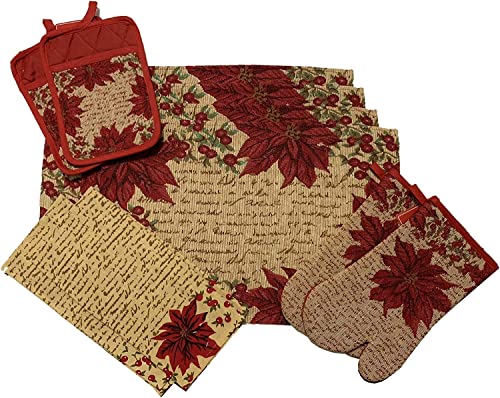 Set of 10, Red Poinsettia Flower Design Christmas Tapestry Kitchen Towel Set, Include 4 Placemats, 2 Kitchen Towels, 2 Pot Holder & 2 Oven mitt.