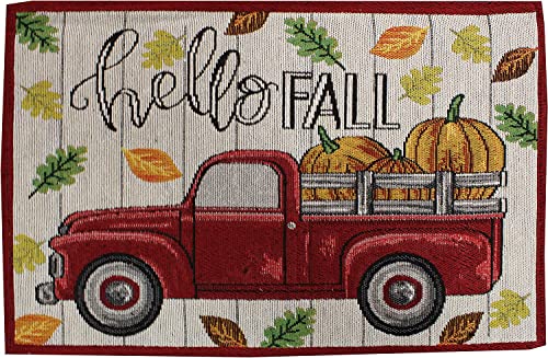 Set of 8, Red Antique Truck and Pumpkin Quote Hello Fall Design Tapestry Kitchen Towel Set, Include 4 Placemats, 2 Kitchen Towels, Potholder & Oven mitt.