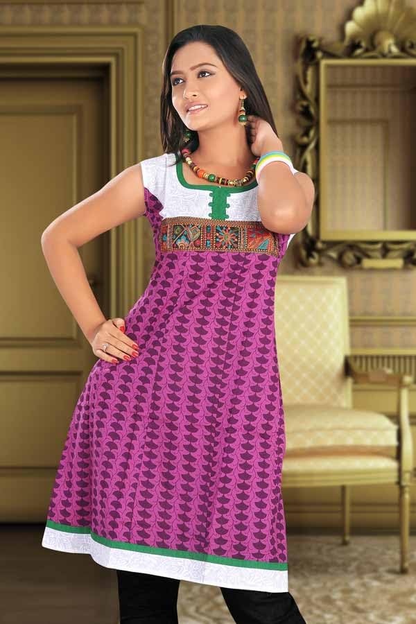 Tunic for Women White with Green Round Neck Embroidery Patchwork and Purple Bottom Sleeveless Tunic Top Kurti.