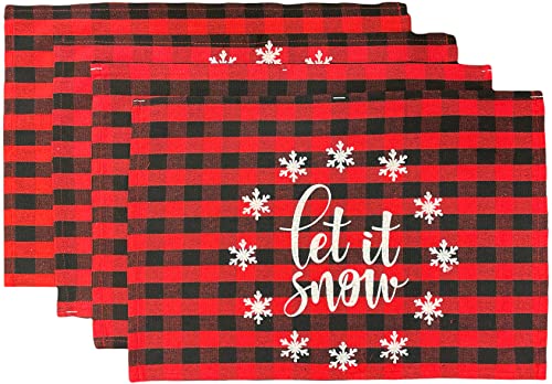 Set of 4, Christmas Tapestry Placemats, Red & Black Plaid Let it Snow with Snowflakes, for Holiday Season, Home Decoration Kitchen Dining Table Easy to Clean Size: 13" x 19".