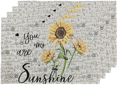 Set of 4, You are My Sunshine and Sunflower Design Tapestry placemats for Dining Table, Table mat for Kitchen Table, Spring and Summer Easy to Clean, Size: 13 x 19 Inches.