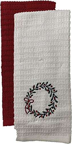 2 Pcs, Christmas Wreath Embordary on Beige and Plain Red 100% Cotton Waffle Weaves Christmas Holiday Kitchen Towels Size: 16 x 26 Inch.