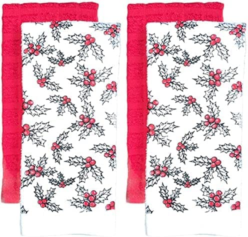 Set of 4, 100% Cotton 2 Pcs Holly Leaves with Berries Design Christmas Kitchen Towels and 2 Pcs Solid Red Terry Towels, Soft and Absorbent Size: 16” x 26".