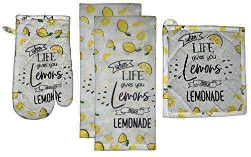 Set of 4, 100% Cotton Lemon Design Kitchen Towel Set, Sentiment When Life Gives