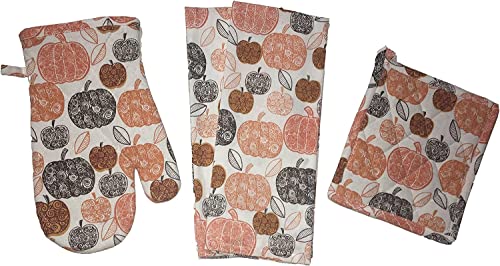 Set of 4, Pumpkin Design Fall / Halloween / Thanksgiving 100% Cotton Kitchen Towel Set, 2 Kitchen Towels, Pot Holder & Oven mitt.