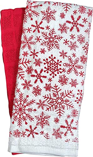 Set of 4, 100% Cotton 2 Pcs Snowflakes Design Christmas Kitchen Towels and 2 Pcs Solid Red Terry Towels, Soft and Absorbent Size: 16” x 26".